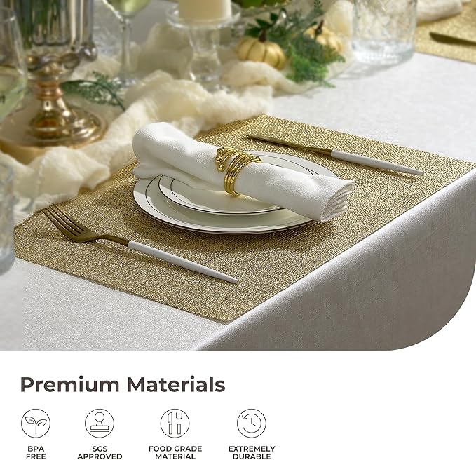 Leetaltree Gold Placemats Set of 6 - Heat Resistant Non-Slip Place mats for Dining Table, Washable Durable PVC Vinyl Woven Table Mats(Luxury Gold, 6) - Image 5