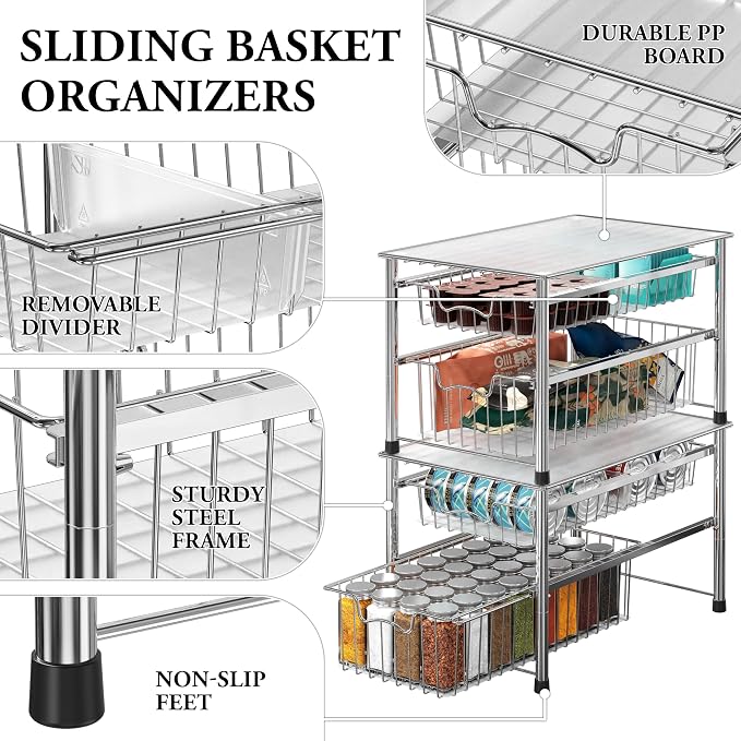 Simple Houseware Stackable 2 Tier Sliding Basket Organizer Drawer, Chrome - Image 4