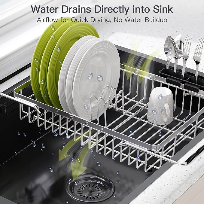 JASIWAY Expandable Dish Drying Rack Over the Sink with Utensil Holder | Stainless Steel Adjustable Dish Driainers for Small Kitchen, Counter Space Saving, Fast Drain, Rustproof, For Apartment, RV - Image 6