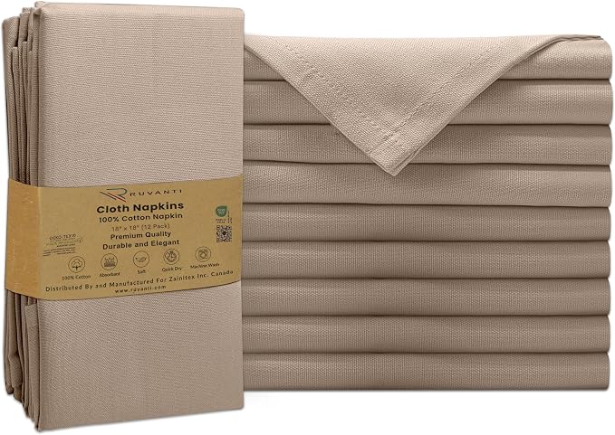 Ruvanti Cloth Napkins Set of 12, 100% Cotton High GSM 18x18 Inches Soft, Washable, Highly Durable & Absorbent, Perfect for Parties, Christmas, Thanksgiving Dinners – Light Taupe by Ruvanti