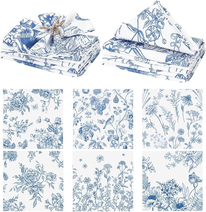 Kochorie 12 Pieces Blue Floral Cloth Napkins, 18 x 18 Inch Reusable Soft Fabric Napkins, Washable Flower Dinner Cocktail Napkin for Spring Summer Tea Party Holiday Home Kitchen Wedding Restaurant by Kochorie