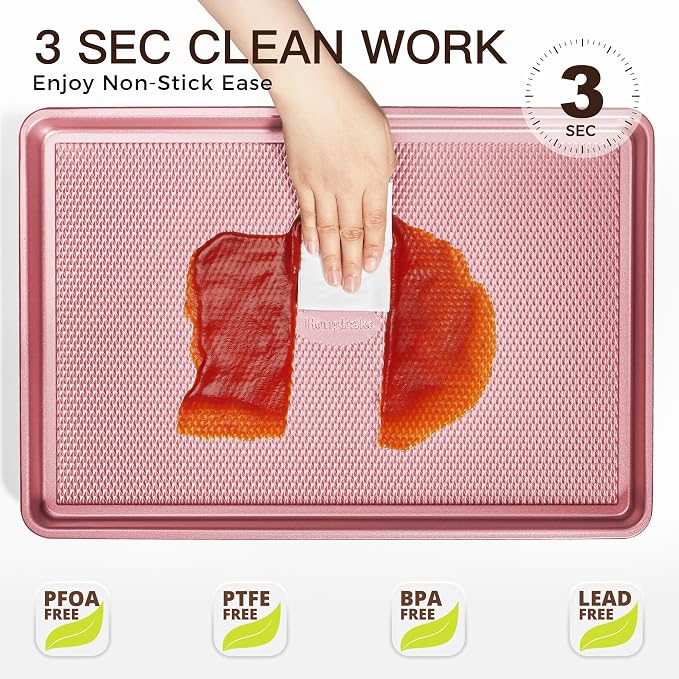 Baking Sheet Pan Set, Cookie Sheets for Oven, Nonstick Half/Quarter/Jelly Roll Pans with Diamond Texture Pattern, Heavy Duty Cookie Tray, Pink - Image 6
