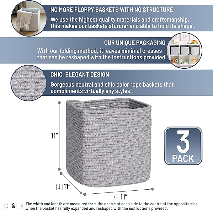 NaturalCozy Storage Cubes 11 Inch Cotton Rope Woven Baskets for Organizing, 3-Pack | Cube Storage Bin | Square Storage Baskets for Shelves Organizer, Classroom, Kids Toy Bins, Closet, Baby Nursery - Image 2