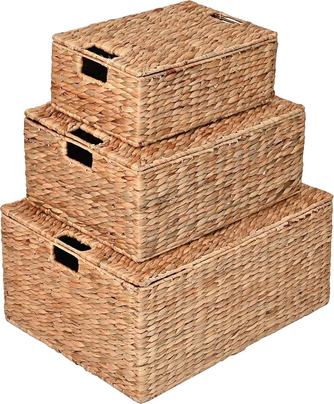 happimess Brooks 3-Piece Woven Hyacinth Storage Basket Set 22", Natural | Classic Farmhouse Style, Rectangular Nesting Wicker Containers, Integrated Handles, Hinged Lids, Iron Metal Frame by Happimess