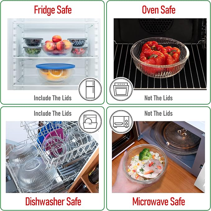 Set of 6 Stackable Space-Saving Nesting Glass Bowls with BPA Free Lids for Foodprep, Storage, Baking, Mixing & Cooking, Microwave Safe - Durable Inert Borosilicate Glass - Image 4