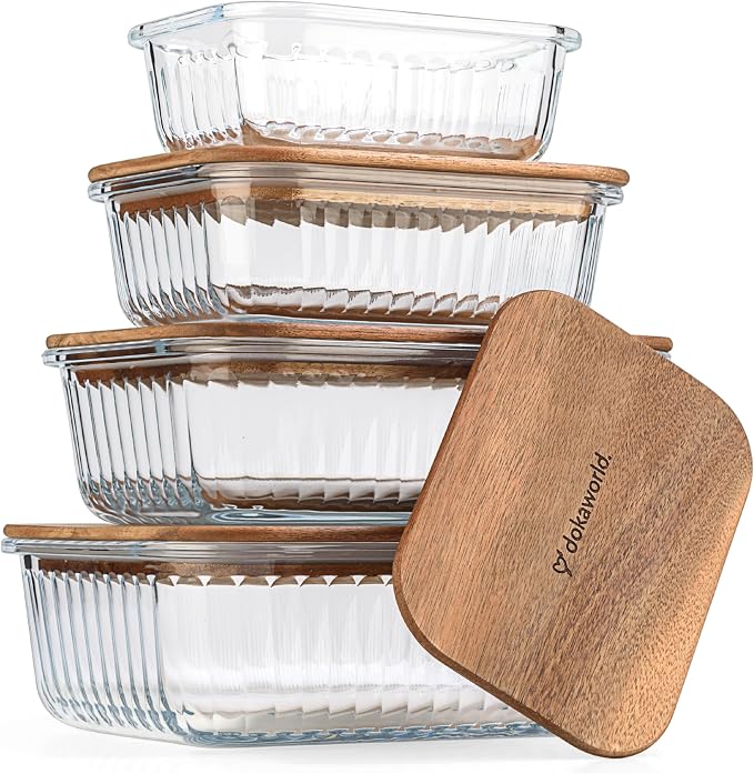 Set of 4 Stackable Space-Saving Nesting Glass Bowls with Airtight Acacia Lids for Lunch, Meal & Food Prep - Microwave & Oven-ready BPA Free Durable Heat Resistant Inert Borosilicate Glass by Dokaworld