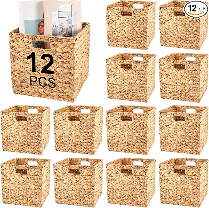 Jinei 12 Pcs Water Hyacinth Storage Baskets 11"x11"x11" Wood Color | Handwoven Wicker Bins with Handles, Wicker Cube Baskets Bulk for Shelves Organizer Laundry, Closet Bedroom by Jinei