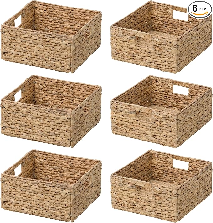 Large Square Woven Hyacinth Wicker Pantry Storage Baskets, Set of 6 | 12"x12"x6", Natural, Iron Wire Frame by eHemco
