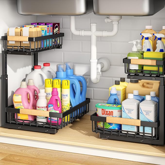PXRACK Under Sink Organizer, Adjustable Height, 2 Tier Pull Out Under Cabinet Organizer, Slide Out Thickened Metal Under Sink Storage for Kitchen Bathroom Laundry Pantry Cabinet, Black, Small-2-Pack by PXRACK