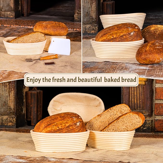 11" Oval Banneton Proofing Basket Set of 2 - Sourdough Starter Kit with Bread Lame, Danish Whisk, Metal & Bowl Scrapers, Cleaning Brush - Professional Artisan Baker Gift Set - Image 7
