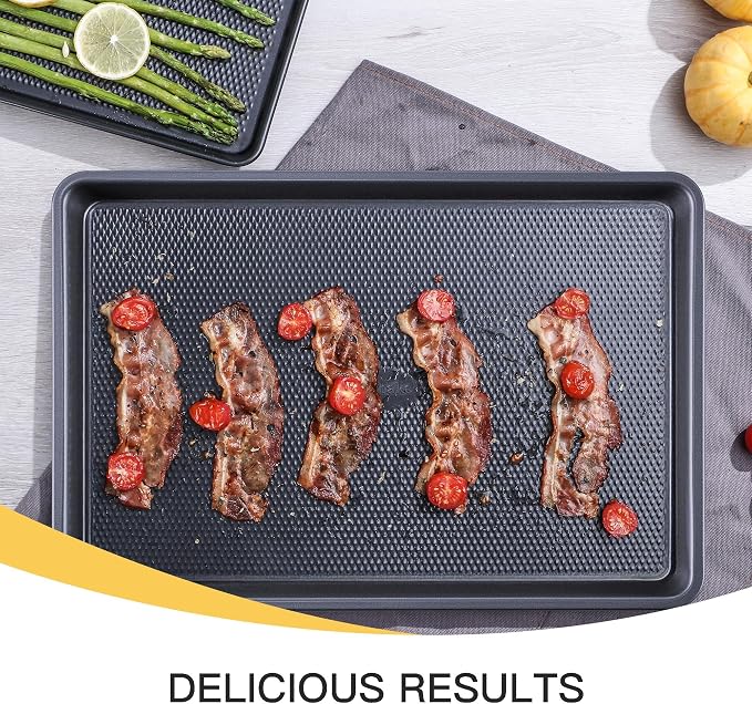 Cookie Sheets for Baking Nonstick - HONGBAKE Baking Sheet Pan Set of 3, Half/Quarter/Jelly Roll Pan for Oven with Diamond Texture Pattern, 57% Thicker Carbon Steel Cookie Trays, Dark Grey - Image 8