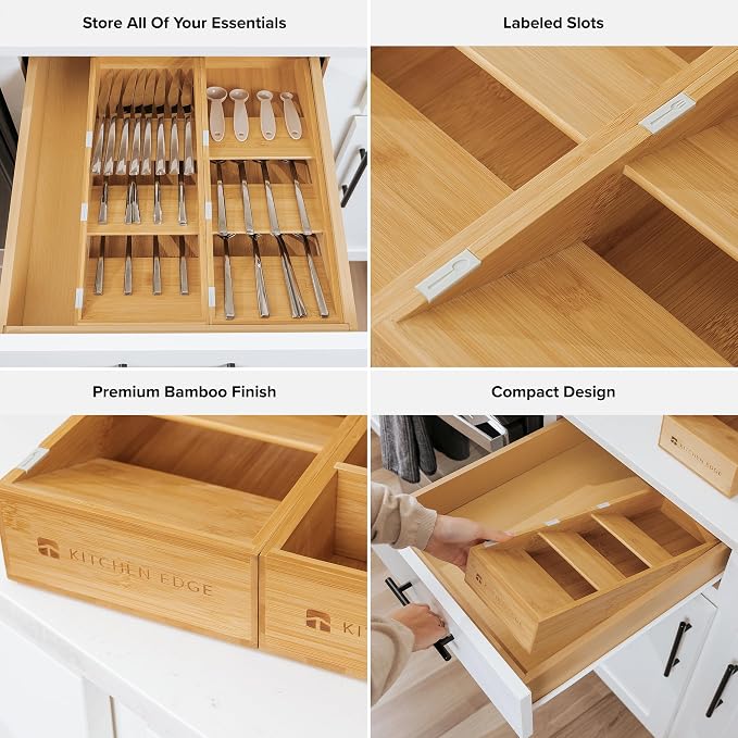 Slanted Cutlery & Flatware Organizer, 2 Pack, Bamboo | 3-compartment slanted design, labeled slots, non-slip feet, sustainable bamboo - Image 3