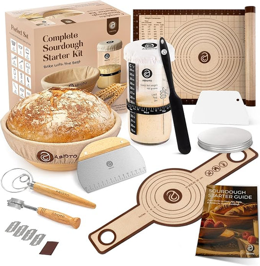 ABIOTO Sourdough Starter Kit with Banneton Bread Proofing Basket, 21 Pieces | Sourdough Tools for Home Bakers - Round Rattan Basket with Liner & Sling, Dough Mat, Jar, Lame, Whisk, Dough & Bowl Scrapers by ABIOTO