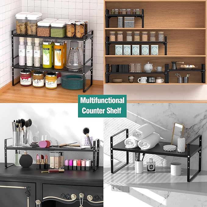 SUZLON Expandable Cabinet Shelf Organizer Rack, Stackable Kitchen Counter Storage Shelves Stand, Adjustable Height Pantry Shelf Spice Rack, Heavy Duty Nonslip Black Small 1Pack - Image 4