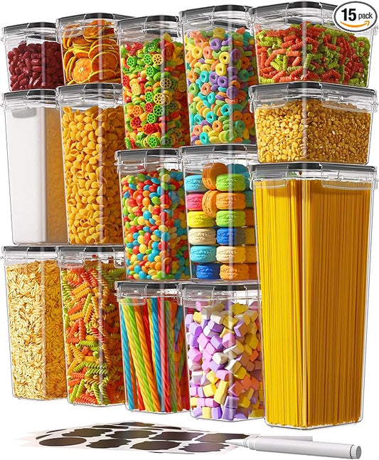 Airtight Food Storage Containers with Lids, 15 PCS Kitchen and Pantry Organization Canisters, BPA-Free, PVC-Free, Food-grade Plastic Leak-proof Jars for Cereal, Flour, Sugar, Extra 24 Labels & Marker by KEMETHYFocusesonCreatingEfficientStorageProductswithQualityMaterials