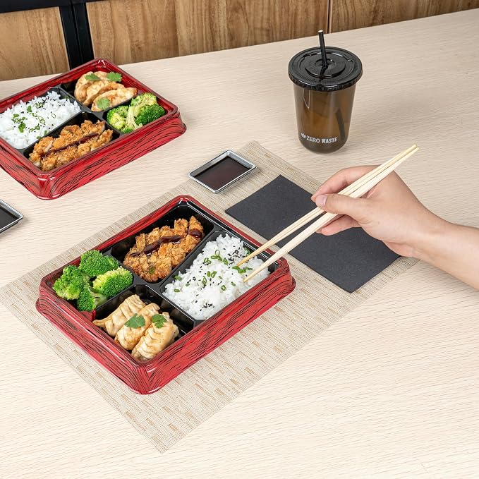 Restaurantware-Bento Tek 18.6 Ounce Meal Prep Containers, 100 Disposable To Go Food Boxes - Lids Sold Separately, 4 Compartments, Red And Black Plastic Bento Lunch Boxes, Freezable, For Take Out - Image 4