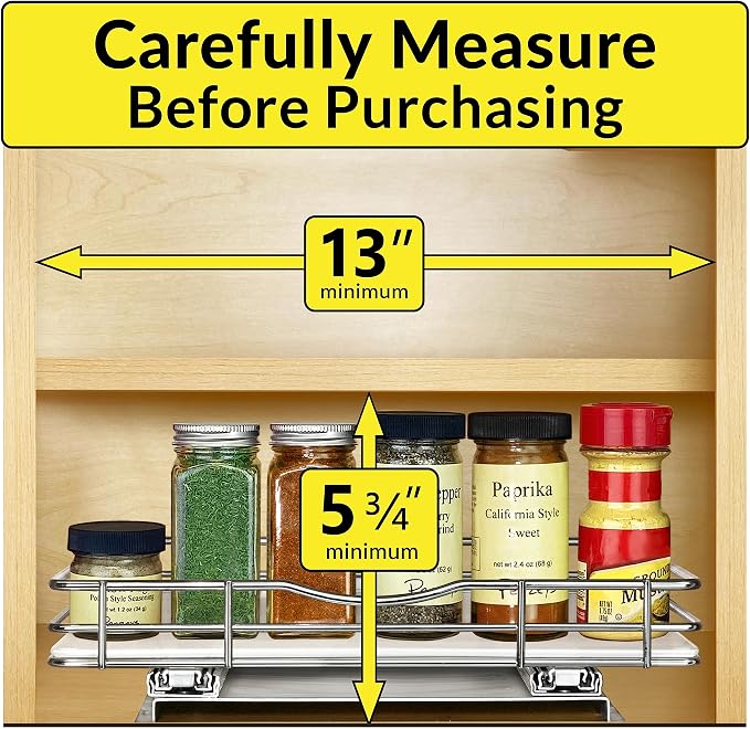 LYNK PROFESSIONAL® Pull Out Spice Organization for Cabinets - 12-3/8 inch Wide – Spice Rack for Inside Cabinets, Slide Out Spice Rack Organizer for cabinet – Pull Out Spice Rack, Sliding 1 Tier Chrome - Image 4