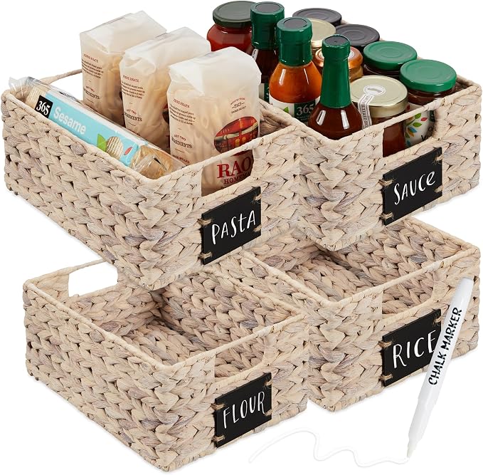 Best Choice Products Set of 4 9x12in Water Hyacinth Pantry Baskets, Woven Organizers w/Chalkboard Label, Chalk Marker - White by Unknown