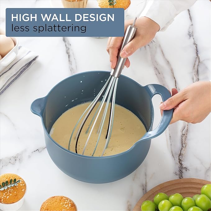 COOK WITH COLOR Nesting Plastic Mixing Bowl Set with Pour Spouts and Handles, Blue, 4 Piece Non-Slip - Image 4