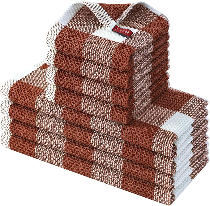 Homaxy Kitchen Towels and Dishcloths Set, Set of 8, White & Rust | Bulk Cotton Waffle Weave Check Plaid Kitchen Towels, Super Soft and Absorbent Dish Cloths, 12 x 12 and 13 x 28 Inches by Homaxy