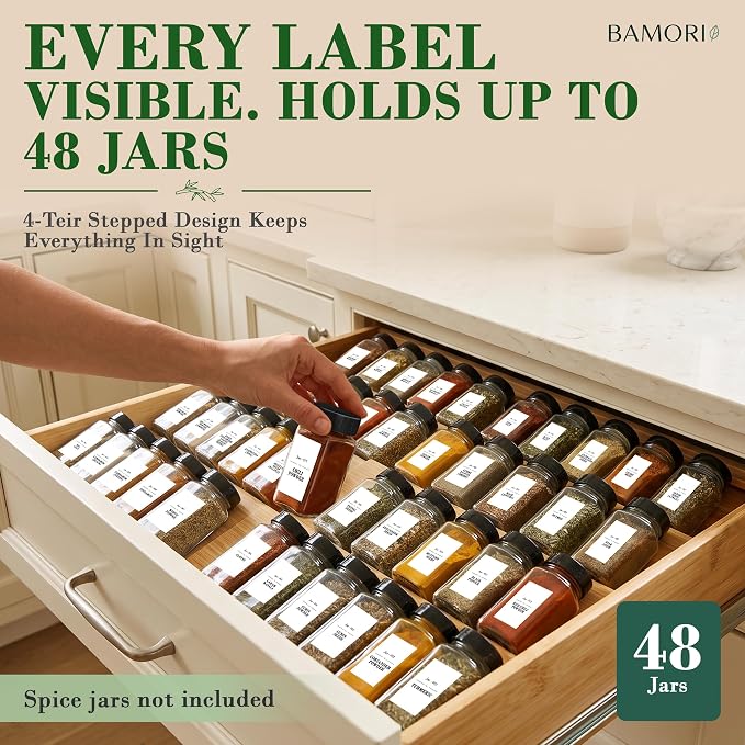 Bamboo Spice Drawer Organizer, Expandable 12 to 23 Inch Insert Holds 48 Jars, 4 Tier Seasoning Rack for Kitchen Drawer or Countertop, Adjustable Wood Spice Organizer - Image 8