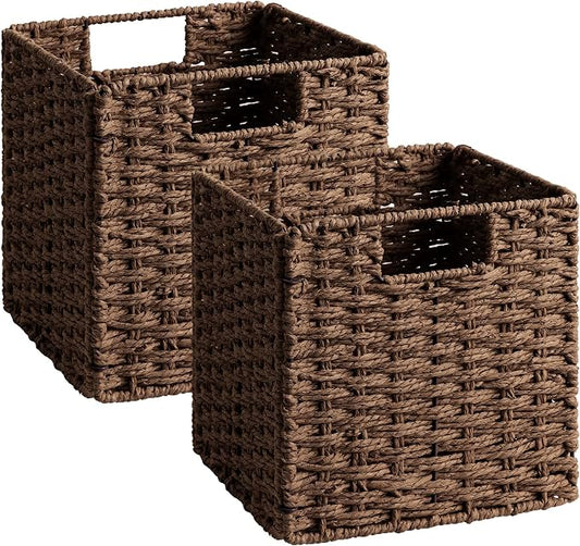 StorageWorks 9 inch Cube Storage Bins, Wicker Baskets for Storage, Brown | 2-Pack, Handwoven Wicker Storage Cubes,Paper Rope Square Cube Organizer Bins,Foldable,Baskets for Organizing,9x9 Storage Cube by StorageWorks