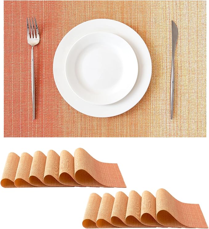 Leetaltree Gradient Burnt Orange Woven Placemats Set of 12 - Heat Resistant Non-Slip Fall Place Mats for Dining Table, Washable Durable PVC Vinyl Woven Table Mats(Gradient Orange-red, 12) by Leetaltree-ArtatEveryTable