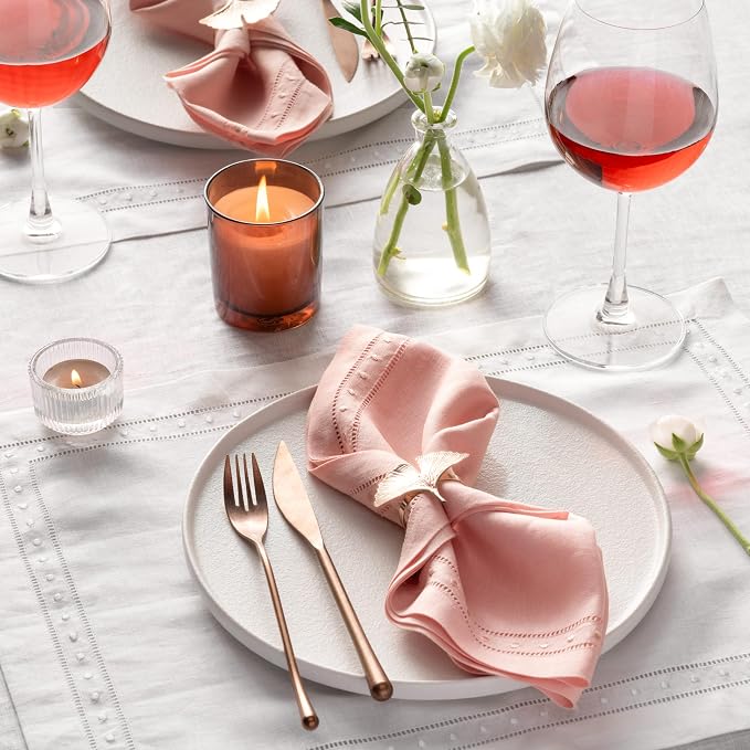 Linen Napkins Set of 4-100% Flax Linen Blush Pink Dinner Napkins with Embroidered Dot 18 x 18 inch - Hemstitch Cloth Napkins Washable for Easter and Spring Decor - Image 2