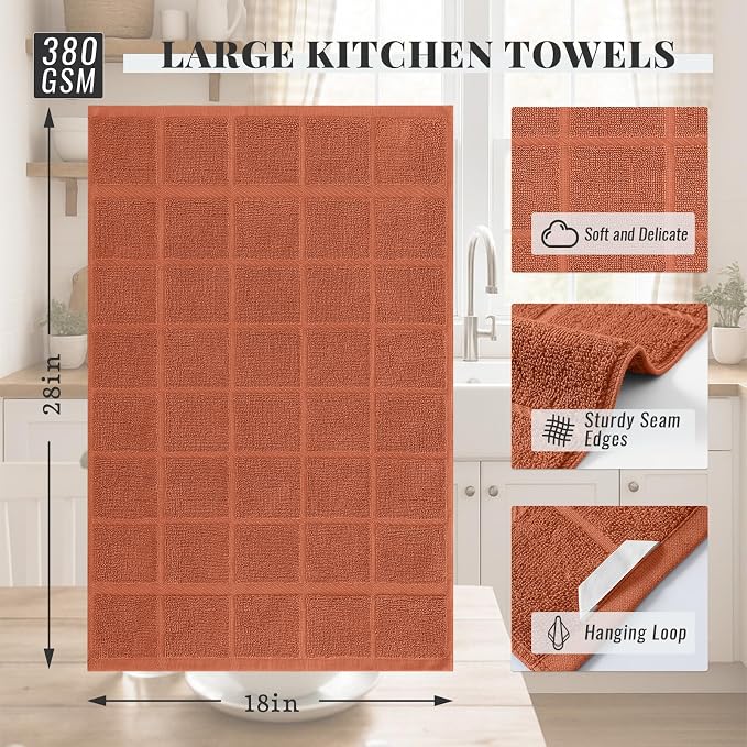 Homaxy 100% Cotton Kitchen Towels 18"x28", 8 Pack Dish Towels, Rust | Large 380 GSM Soft and Absorbent Kitchen Hand Towels with Terry Grid Design, Utility Tea Towel Set with Hanging Loop - Image 2