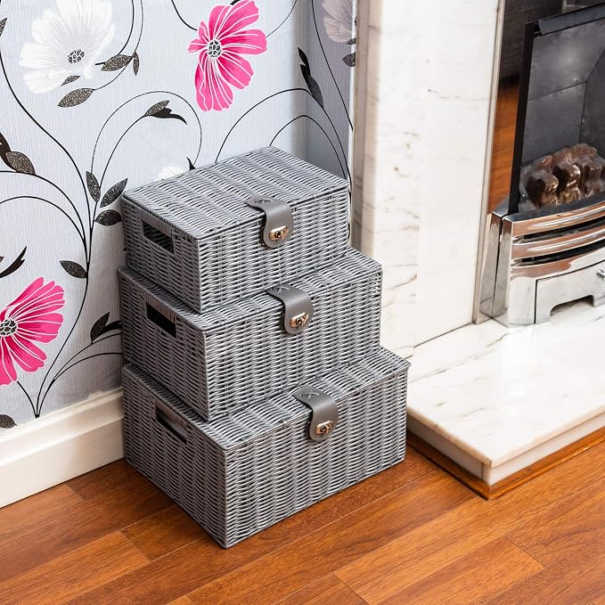 ARPAN Set of 3 Resin Woven Utility Storage Basket Box With Lid & Lock (Grey) - Image 8