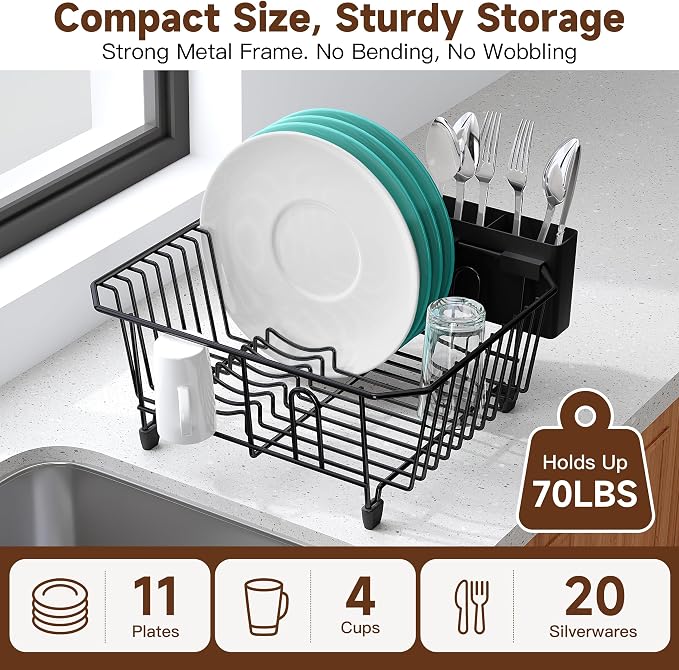 JASIWAY in Sink Dish Drying Rack, Stainless Steel Small Black Dish Drainer | Perfect Fit 12"x14" Double Bowl Sink, Counter Space Saving for Kitchen, Apartment, Sturdy Dish Dryer with Utensil Holder - Image 5