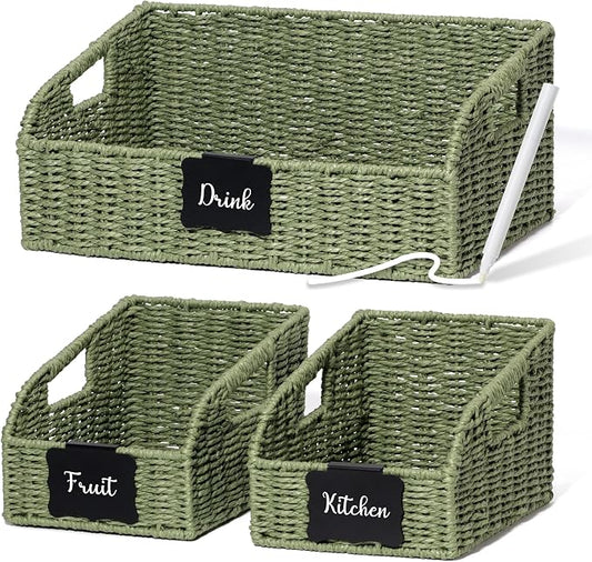 Pantry Organizers, Handwoven Large Wicker Baskets for Shelves, Labeled Storage Baskets for Organizing with Handles - Paper Storage Bins for Shelves, 3 Pack, Green by Unknown