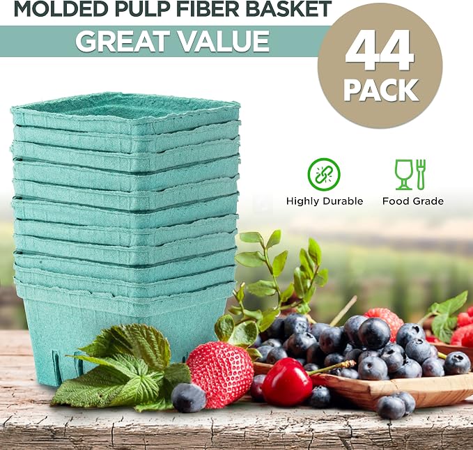 FMP Brands 44 Pack Quart Green Molded Pulp Fiber Berry Basket Produce Vented Container for Fruit and Vegetable, Farmer Market, Grocery Stores and Backyard Party - Image 3