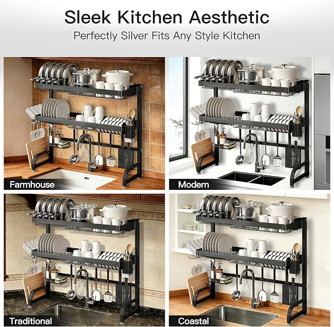 3 Tier Extra Large Stainless Steel Over The Sink Dish Drying Rack | Rust Proof Metal, Expandable Kitchen Sink Drainer, Counter Space Saving, Heavy Duty, Modern Black, Multifunctional Storage - Image 7