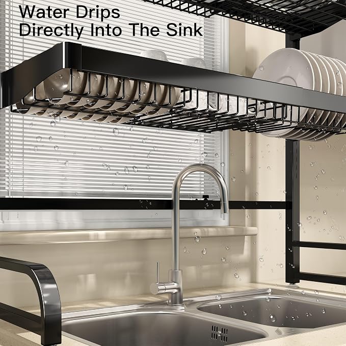 Over The Sink Dish Drying Rack, Extra Large Capacity Dish Drainer | 3 Tier Extra Large All Stainless Steel Expandable Plate Strainers, Rustproof Metal, Counter Space Saving, Modern Black - Image 6