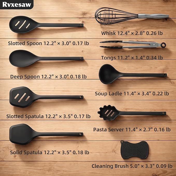 Kitchen Utensils Set,9 PCS Silicone Cooking Utensils Set Spatula Set,Non Toxic Cooking Utensils,Tongs,Spoon,Whisk,Brush,BPA Free Kitchen Gadgets for Non-Stick Cookware,Home Essential(Black-9P) - Image 4