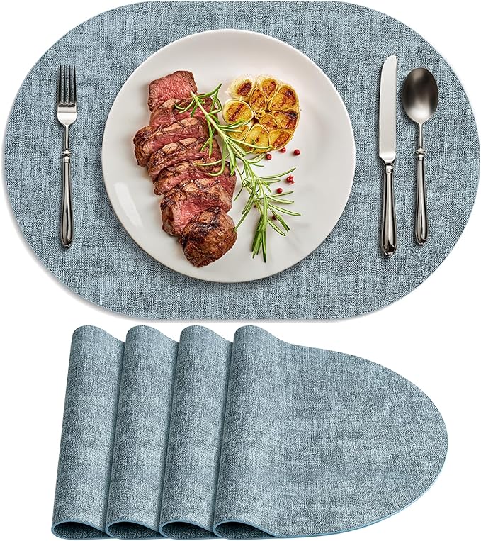 Placemats for Dining Table Set of 4 Non-Slip, Heat Resistant Oval Leather Placemat Double Layer, Waterproof Table Mats Easy to Clean for Kitchen Dining Room Coffee Office Table, Light Blue by Delicateandelegantplacemats