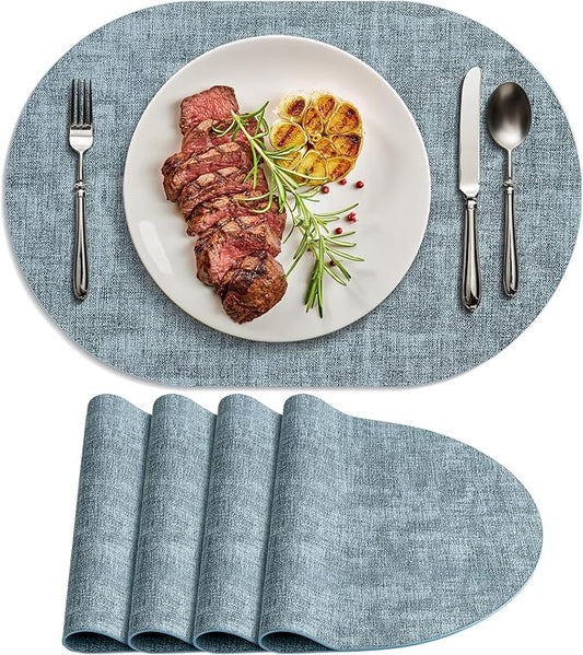 Placemats for Dining Table Set of 4 Non-Slip, Heat Resistant Oval Leather Placemat Double Layer, Waterproof Table Mats Easy to Clean for Kitchen Dining Room Coffee Office Table, Light Blue by Delicateandelegantplacemats