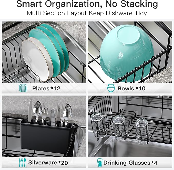 JASIWAY Black Dish Drying Rack in Sink with Drainboard and Utensil Holder | Use Over the Sink or Counter, Stainless Steel Expandable Dish Drainer for Small Kitchen, Space Saving, Fast Drain, Rustproof - Image 8