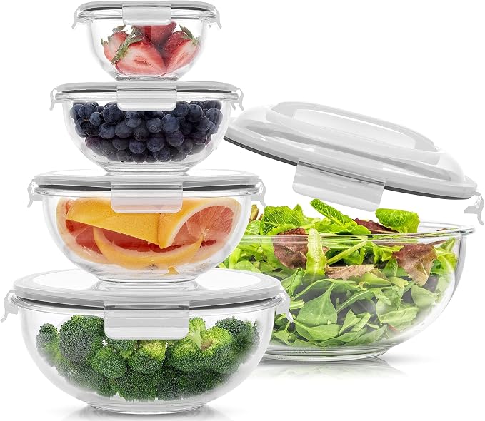 JoyJolt Kitchen Mixing Bowls. 5pc Glass Bowls with Lids Set – Neat Nesting Bowls. Large Mixing Bowl Set incl Batter Bowl, Cooking Bowls, Storage Bowls with Lids and Big Salad Bowl with BPA-Free Lids by JoyJolt