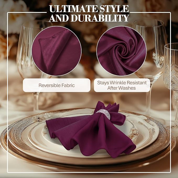 17 x 17-Inch Shantung Satin Cloth Napkins, Plum, Set of 36 | Bulk Case of 3 Dozen, Square, 100% Polyester Fabric, Reversible, Faux Dupioni Silk Reverse Side, Machine Washable, Purple - Image 3