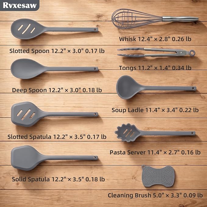 Kitchen Utensils Set,9 PCS Silicone Cooking Utensils Set Spatula Set,Tongs,Spoon,Whisk,Brush,Dishwasher Safe Kitchen Gadgets for Non-Stick Cookware,Home Essential，Kitchen Appliances Tool(Gray) - Image 4