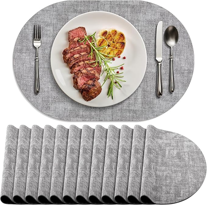 Placemats Set of 12 Washable, Heat Resistant Table Placemats Wipeable Faux Leather Oval Place Mats Non Slip, Waterproof Oval Table Mats for Indoor Outdoor, Gray by Delicateandelegantplacemats