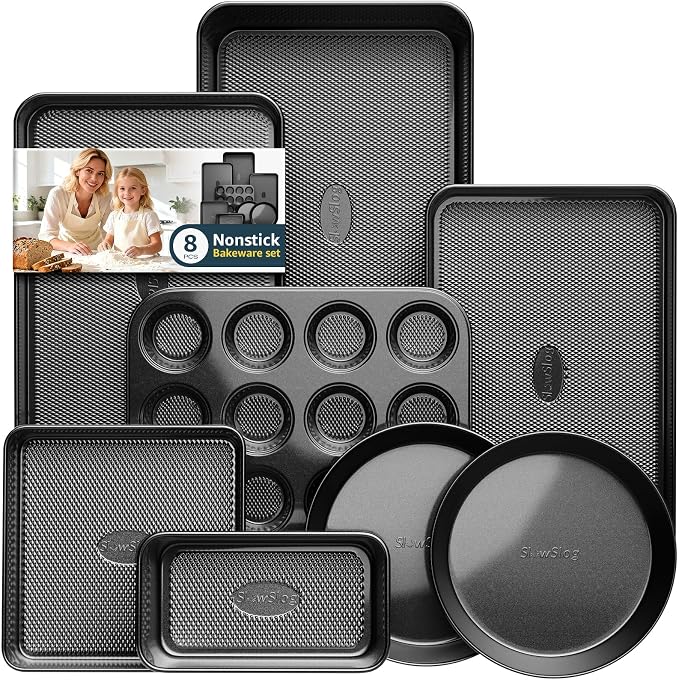 Nonstick Baking Pans Set, 8-Piece Stackable Bakeware Sets, Oven Pan Set | Non-Toxic Pan Set, Includes Baking Sheet, Cake Pan, Muffin Pan, Loaf Pan, Square Pan, Cookie Sheet & Roasting Pan, Black by SlowSLog