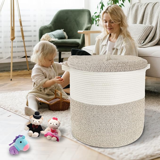 Large Storage Basket with Lid 60L, 16"Wx18"H Woven Laundry Hamper Basket with Handle, Room Decor Cotton Rope Wicker Basket Toy Organizer Bins for Clothes Blankets Pillows, Beige/White Mix includes Lid - Image 3