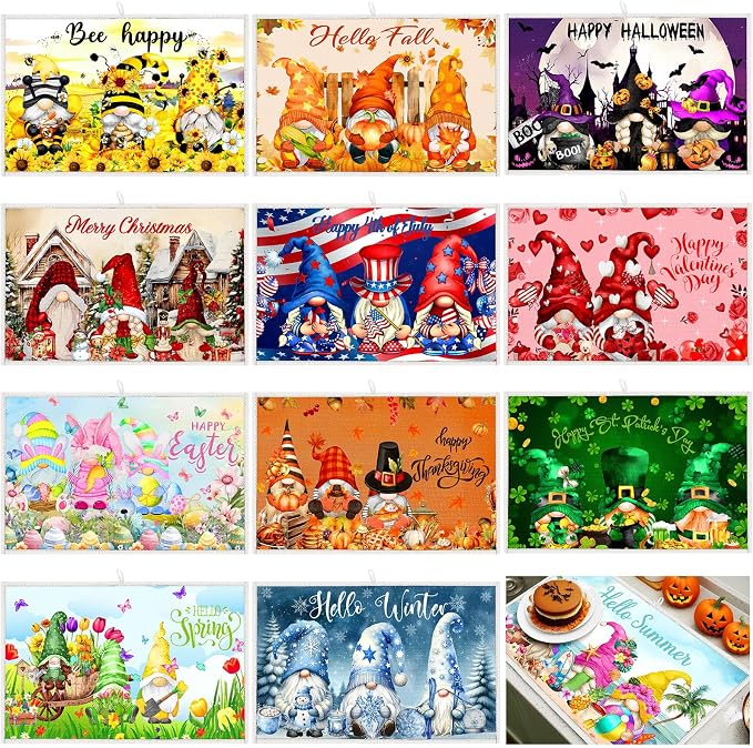 12 Pcs Seasonal Dish Drying Mats for Kitchen 24"x 16" Holiday Microfiber Absorbent Washable Drainer Mat Bulk for Counter Gift Patriotic Summer Home Accessories Decoration(Gnomes) by Meanplan