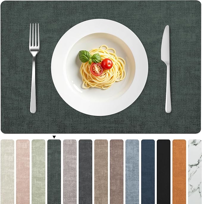 FROMHEART Faux Leather PU Placemats Set of 6 (Dark Green,11.8" x 17") | Waterproof,Heat/Oil Stain-Resistant Table Mat–Reversible,Non-Slip,Easy to Clean Place Mats for Kitchen,Dining,Indoor/Outdoor by Unknown