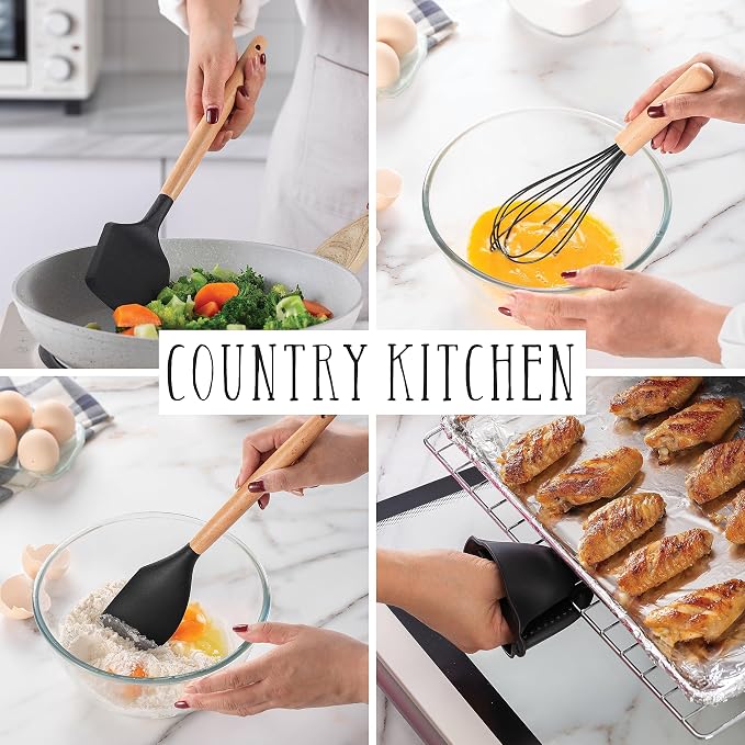 Country Kitchen Non Stick Silicone Utensil Set with Rounded Wood Handles for Cooking and Baking, 38 Piece Set, Black - Image 4