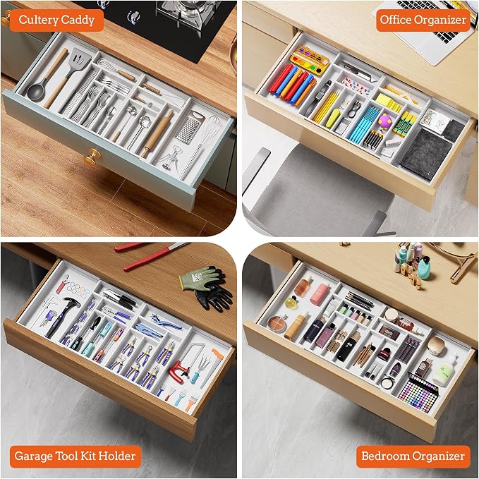 Magnetic Expandable Silverware Drawer Organizer, 13 Slots Utensil White | Magnetic Connected, Expandable 21-37.4 Inch, 13 Divided Slots, White Cutlery Utensil Organize Kitchen - Image 8