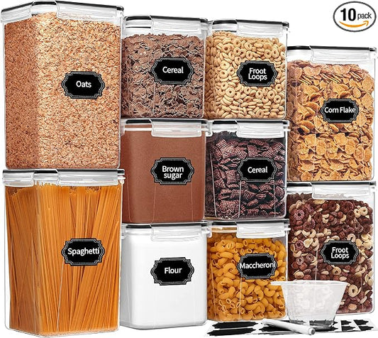 Skroam 10 Pack Flour Sugar Storage Containers, Large Airtight Food Storage Containers with Lids, BPA Free Kitchen Pantry Organization and Storage for Flour, Sugar, Bulk Food, Black by Skroam